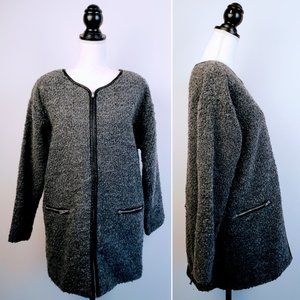 FOREVER 21 Jacket Coat, Gray Black Trim Full Zip Oversized Long Knit, M